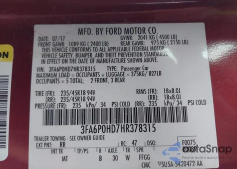 2017 Ford Fusion Se z USA, uszkodzony, nr VIN 3FA6P0HD7HR378315